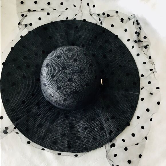 Black Wide Brim Black Veil Polka Dot Floppy Summer Straw Hat NEW main image 3